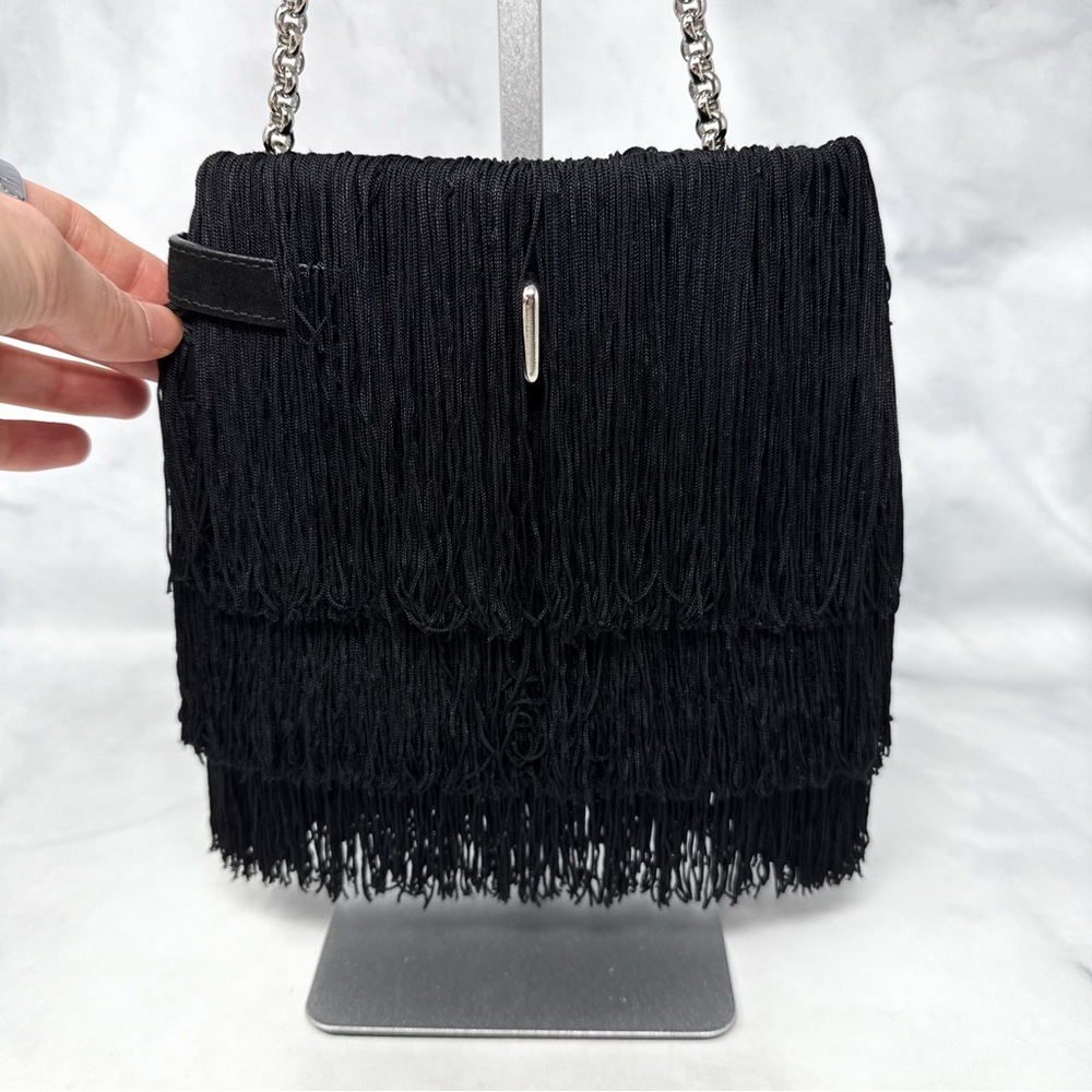 Christian Louboutin Belted Fringe Suede Crossbody Bucket Bag Chain Strap Black - Picture 2 of 13